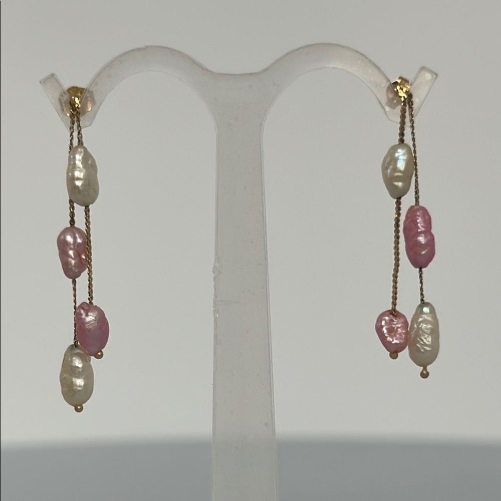 14k real solid gold freshwater Pink and White Cascading Pearl Earrings​​​